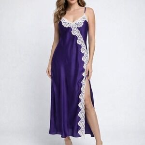 Vintage Inner Most Purple Satin Lace Slip Dress Maxi Nightgown S Side Slit Glam